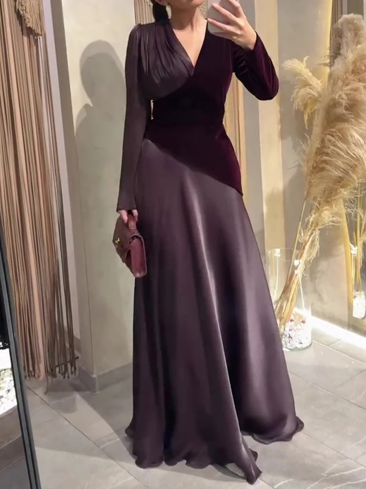

Женское сексуальное вечернее платье с V-образным вырезом и длинными рукавами, модное платье с высокой талией, облегающее длинное платье для вечеринок, элегантное платье для выпускного вечера с контрастными цветами