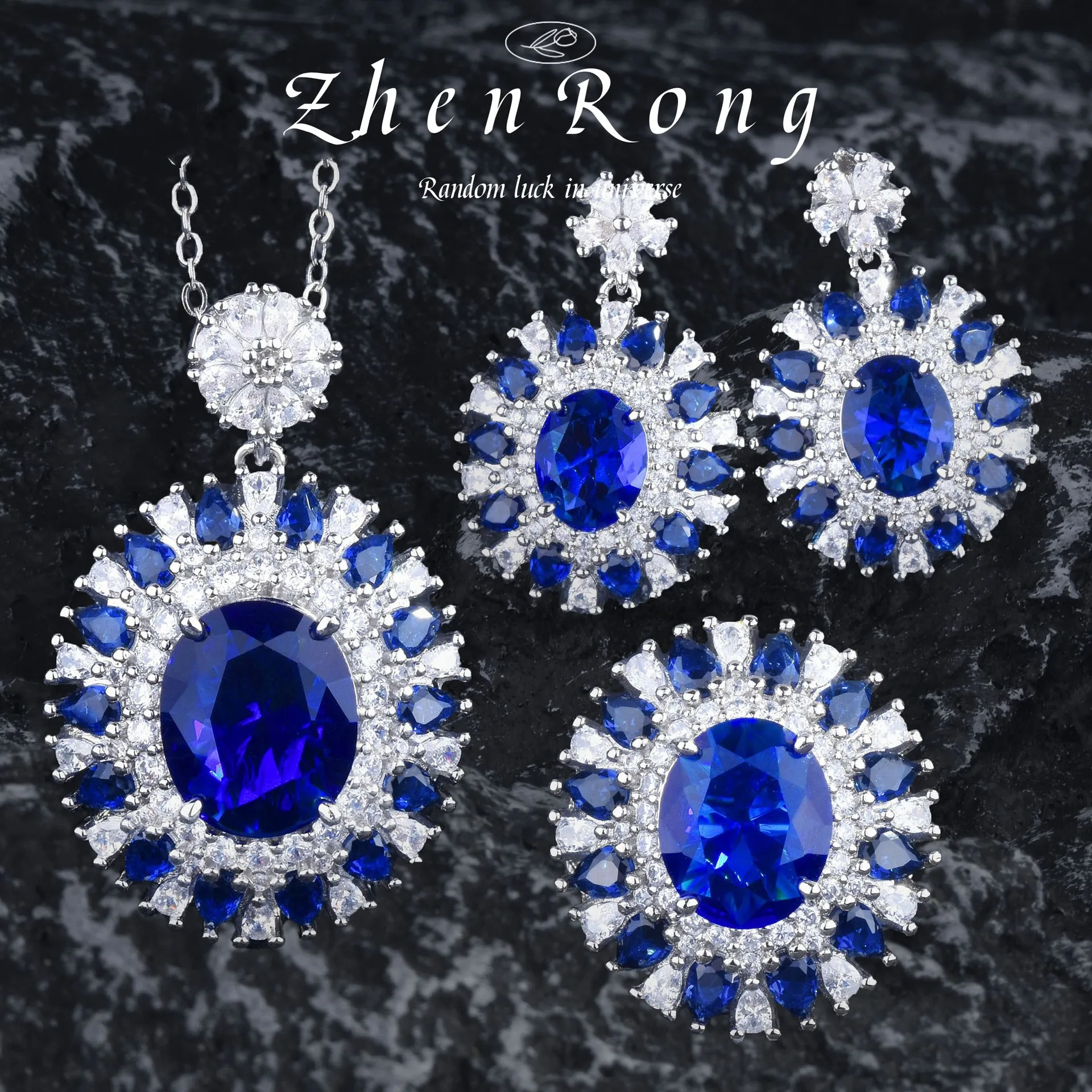 

Vintage Fashion Royal Blue Sapphire Oval Pendant Necklaces Drop Earrings Rings Ladies Party Jewelry Sets For Women Accessories