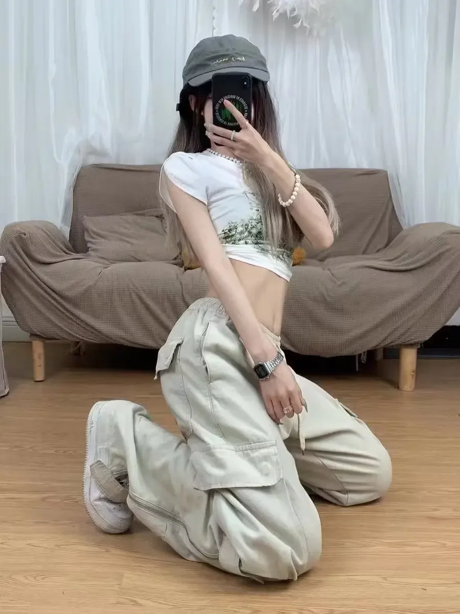 2023 Side Pocket Cargo Pants Women's Trousers Baggy Y2k High Waist For Lovers Straight Casual Pants Drawstring New Pantalones