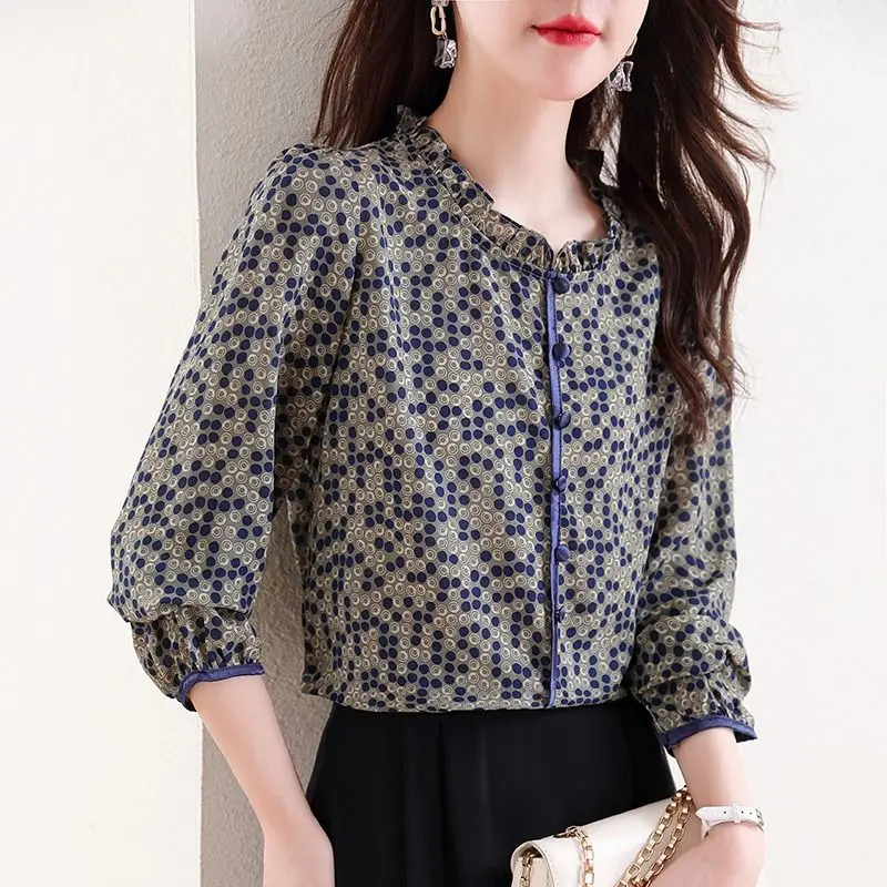 Women\'s Fashion Ruffled Printed Elegant Chic Blouse Vintage Casual Nine Quarter Sleeves Shirt Spring Autumn Stand Collar Blusas