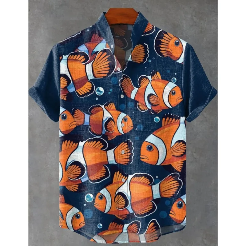 

2025 Men's Summer Cool and Comfortable Casual Short Sleeve Shirt With Standard Lobster Printed Linen Button Fashion Shirt