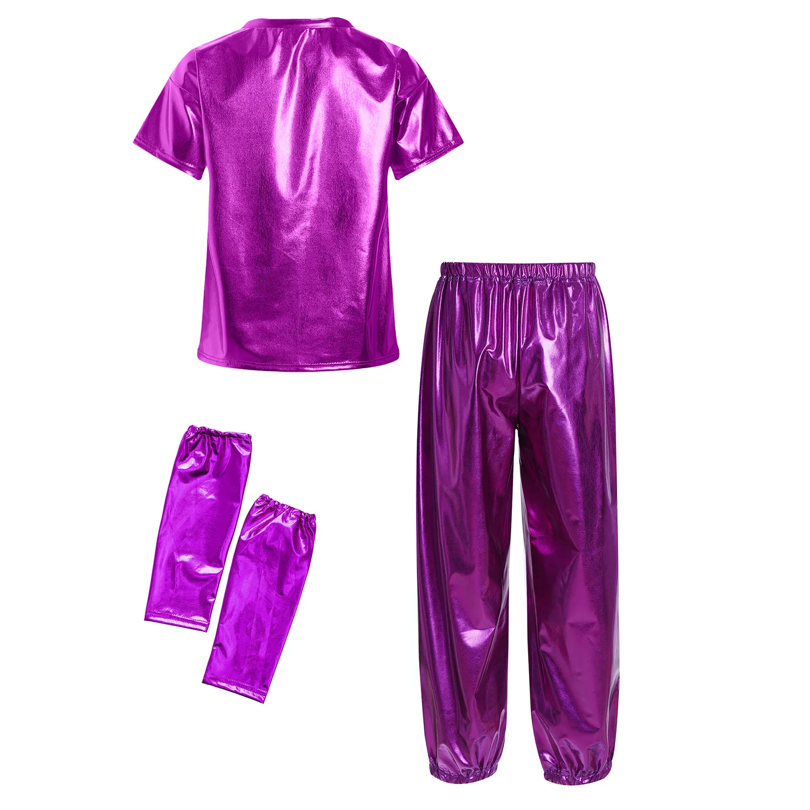 Jungen Mädchen Hip-Hop Jazz Dance Outfits Kostüm Kurzarm Metallic Shiny T-Shirt mit Hosen Handschuhe für Performance Dancewear