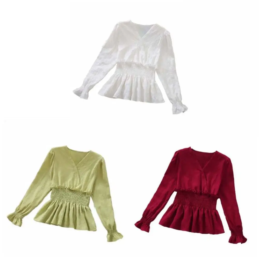 Fashion V-neck Chiffon Thin Shirt Slim Fit Solid Color Chiffon T Shirt Women Ruffled Edge Long Sleeve Ladies Tops Streetwear