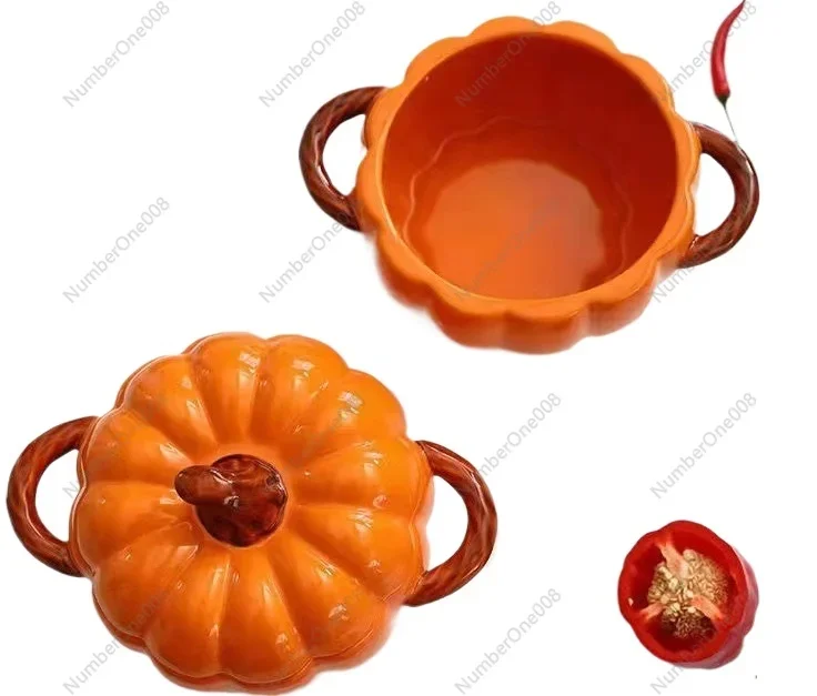 Ceramic Soup Pot with Lid Creative Pumpkin Design Double Handle Large Serving Bowl Noodle Soup