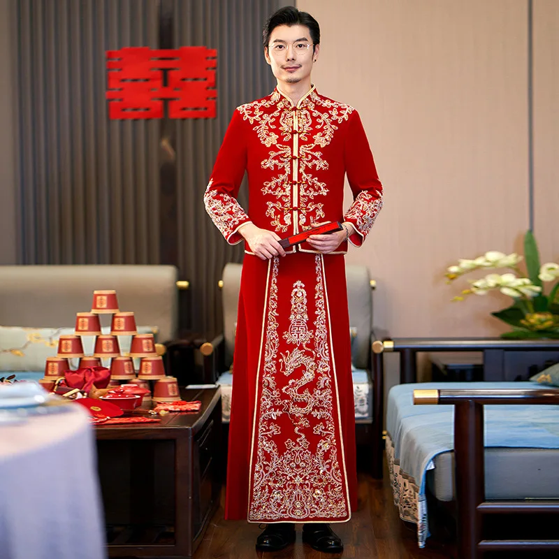 

High-Quality Groom Embroidery Cheongsam For Men Banquet Chinese Traditional Dress Wedding Mandarin Collar Tang Suit