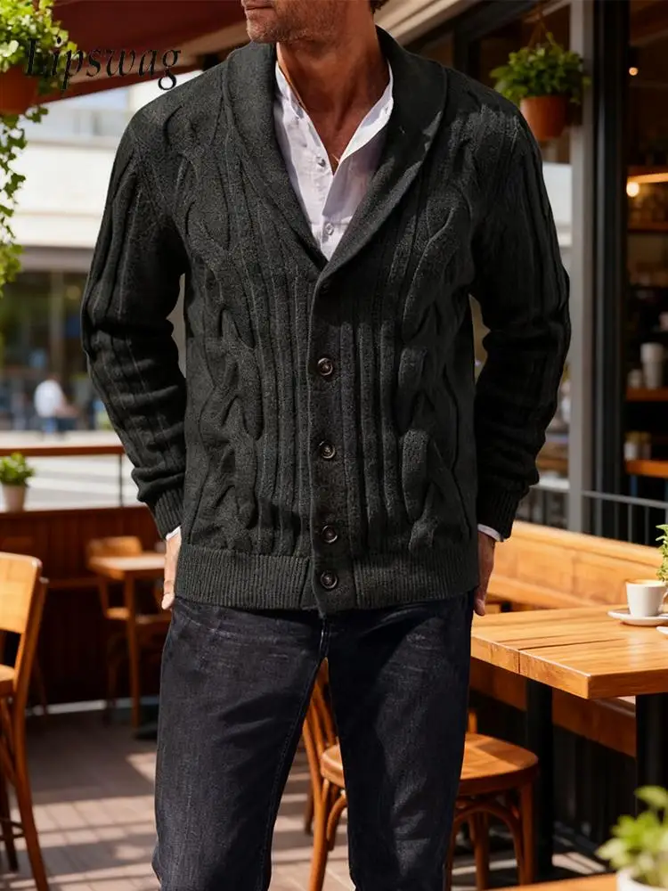 

Fashion Jacquard Knitted Sweater Jacket Mens Fall Winter Outdoor Casual Button-up Collar Cardigan Tops Men Stylish Slim Sweaters