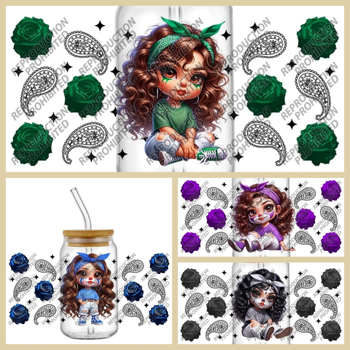 

New Design 3D Paisley Cartoon Dark Cool Girl Decal UV DTF Cup Wrap for 16oz Libbey Glasses Easy Peel DIY Mug Transfer Sticker