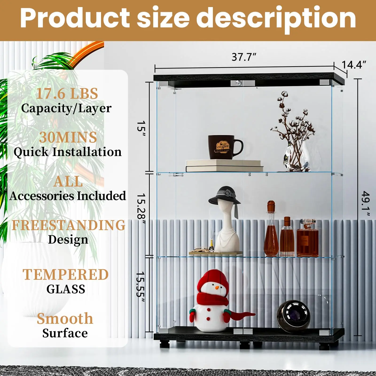 Glass Display Cabinet with Lock, 2-Door 3-Shelf, Black