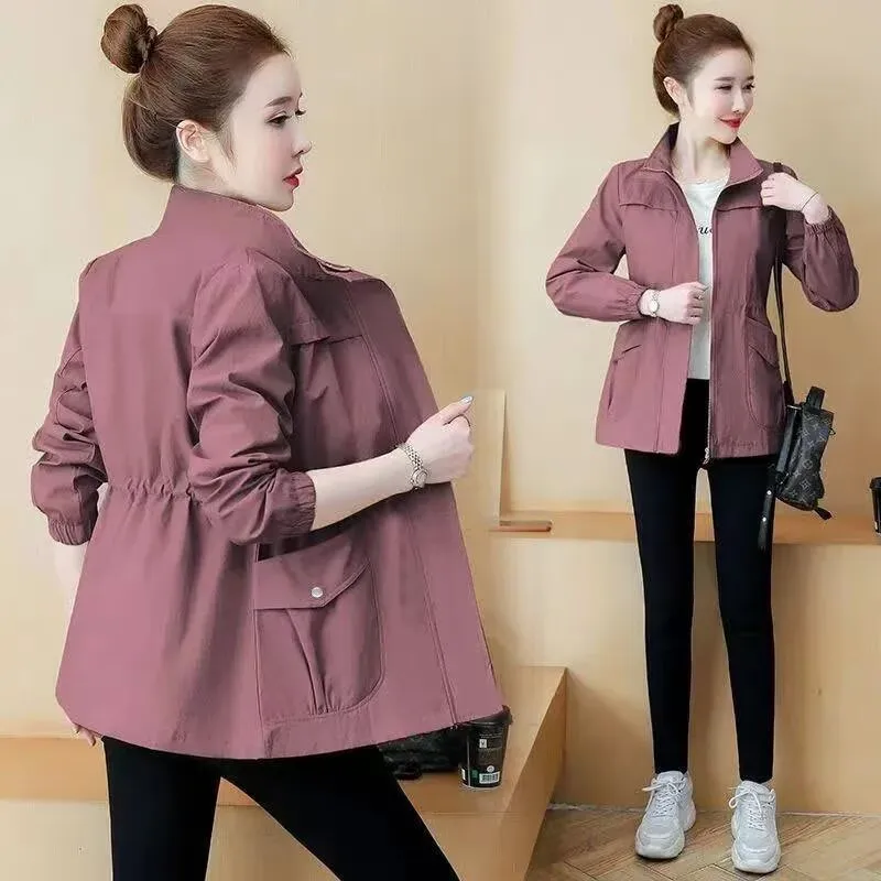 Chaqueta cortavientos coreana de doble capa para mujer, talla grande, primavera-otoño 2026, con forro, cintura con cordón y cuello alto
