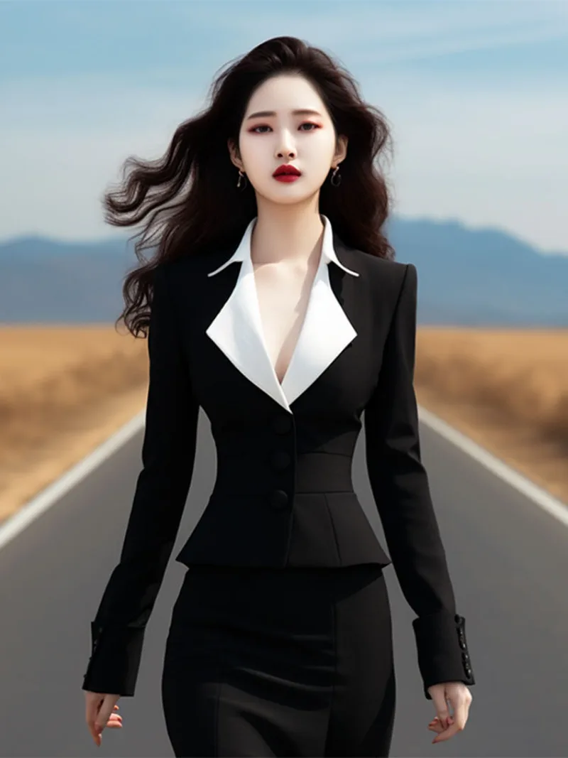 

Новый элитный осенний офисный женский деловой костюм, женский элегантный корейский модный тонкий топ с длинными рукавами + облегающая мини-юбка, комплект из двух предметов