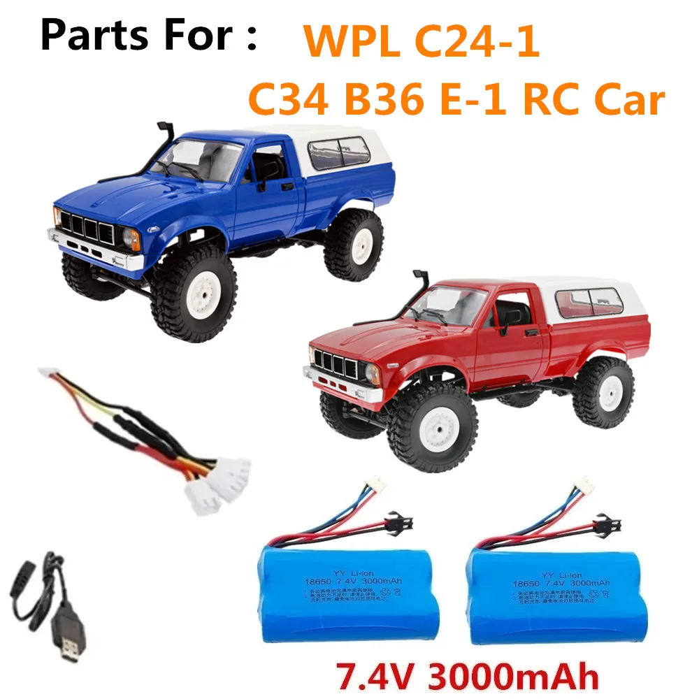 Wpl C24 RC Car Battery 7.4V 3000mAh SM-2P-plug /  3in1 Cable D12 C24-1 C34 B36 E-1 RC Car Spare Battery