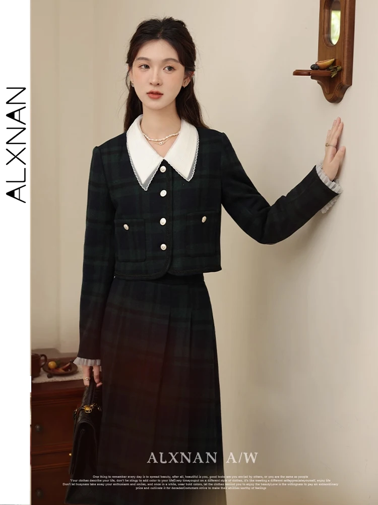 ALXNAN Schwarzer Wollrock, lang, A-Linie, hohe Taille, Bürodame, Faltenröcke, Damen, 2025, Herbst, lockere Passform, Damenbekleidung, LXN32066BSQ