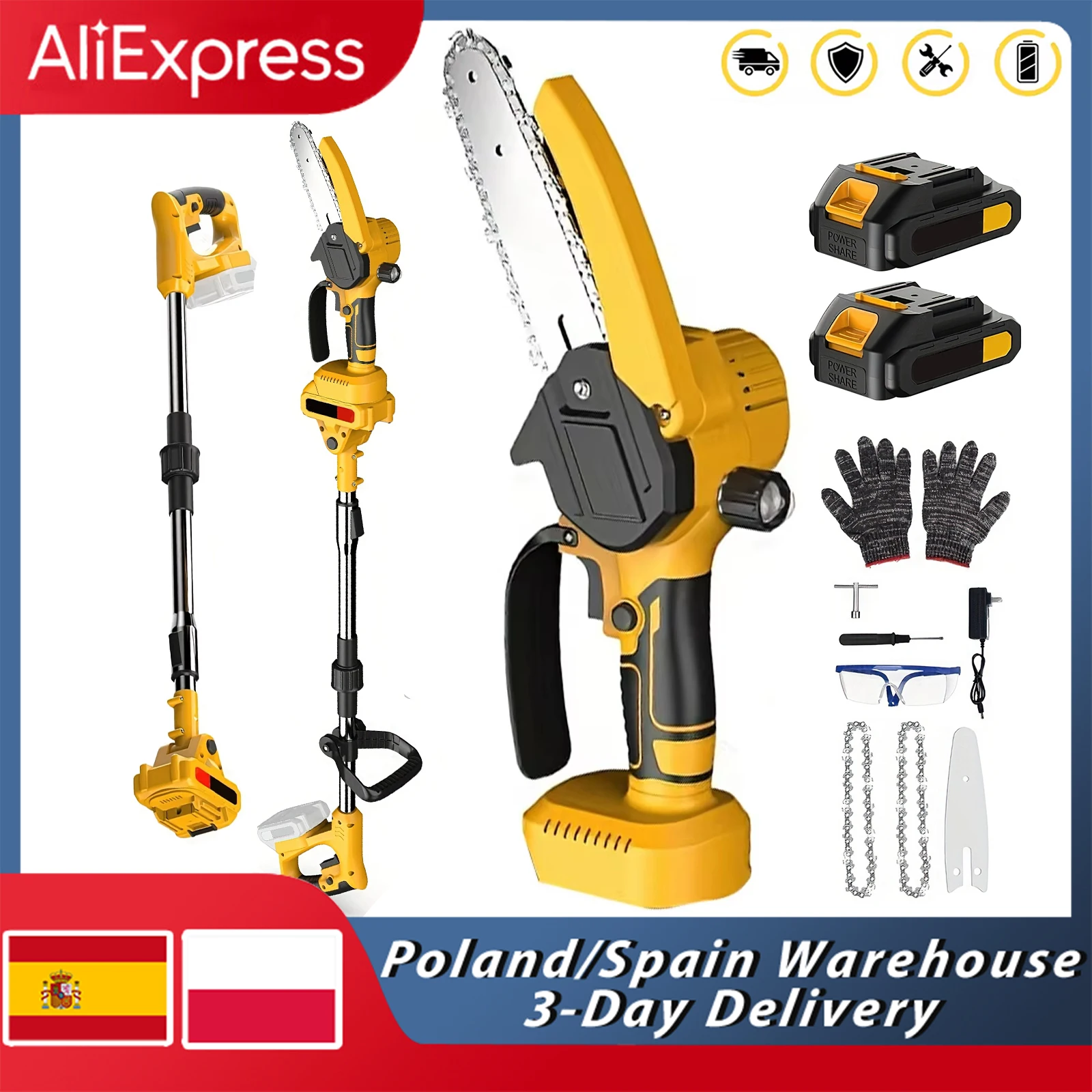 Scie à chaîne électrique télescopique de 8 pouces, 3000W, outil de taille de jardin pour branches hautes, compatible avec les batteries Makita 18V 21V