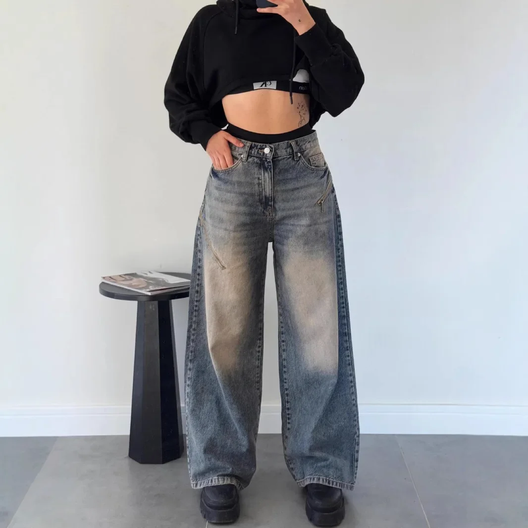 Four Seasons Women's American Vintage High Street Loose Gradient Color Wide Leg Jeans Pants Casual Trendy Washed Denim Trousers