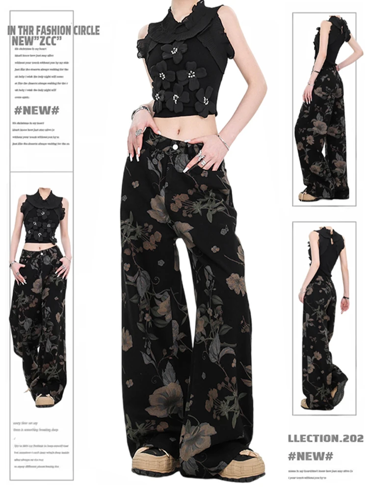 Women Abi Vintage Floral Baggy Jeans Grunge Japanese Low Rise Gyaru Y2K Denim Pants 2000s Aesthetic Dark Academia Wide Leg Punk