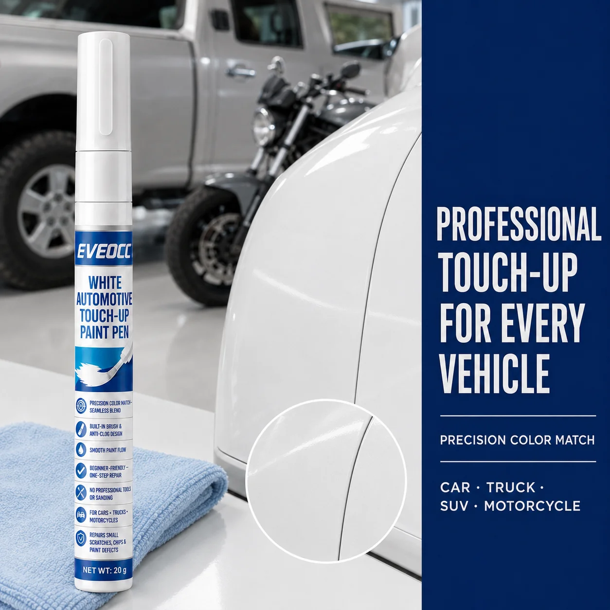 EVEOCC White Automotive Touch‑Up Paint Pen 20g, Car Scratch Repair Pen for Cars Trucks Motorcycles