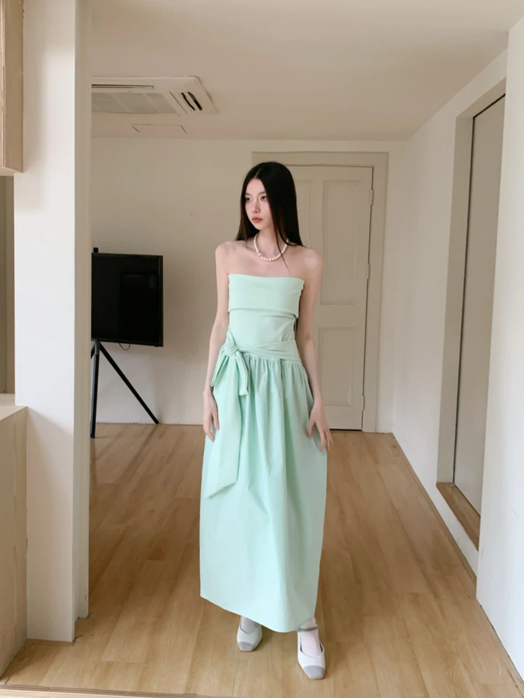 Mint Green Strapless Backless Bow Maxi Dress