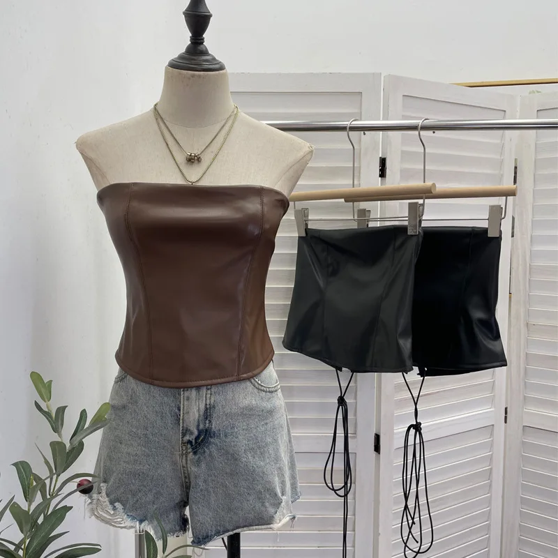 Sexy Pu Leather Tube Top with Non-slip Strip Chest Wrap Backless Short Sleeveless Y2k Top Women