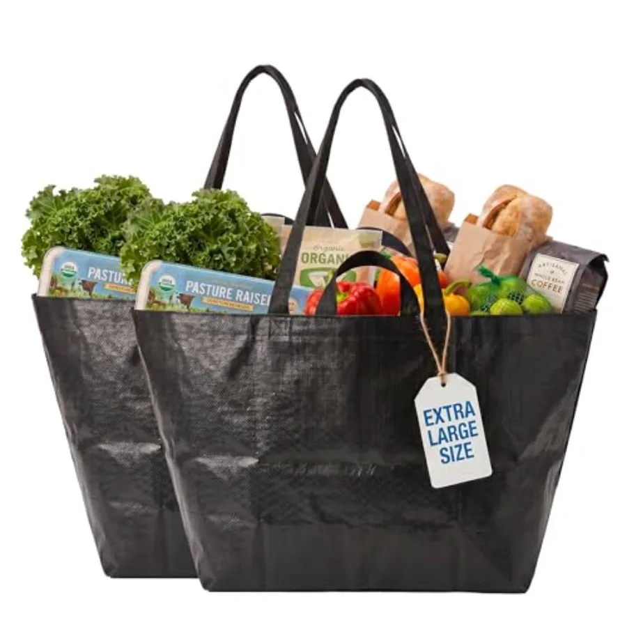 Haul-It-All Extra-Large Reusable Shopping Bag, Black, Pack of 2 Heavy Duty Open-Top Tote with Handles, 18-Gallon Capacity