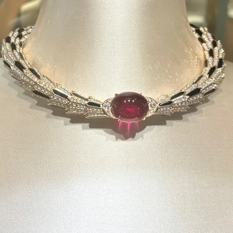 

KQDANCE Новое женское колье с черной эмалью 37 см, большое красное рубиновое колье с драгоценными камнями, серебро 925 пробы, позолоченное роскошное ювелирное изделие для вечеринок