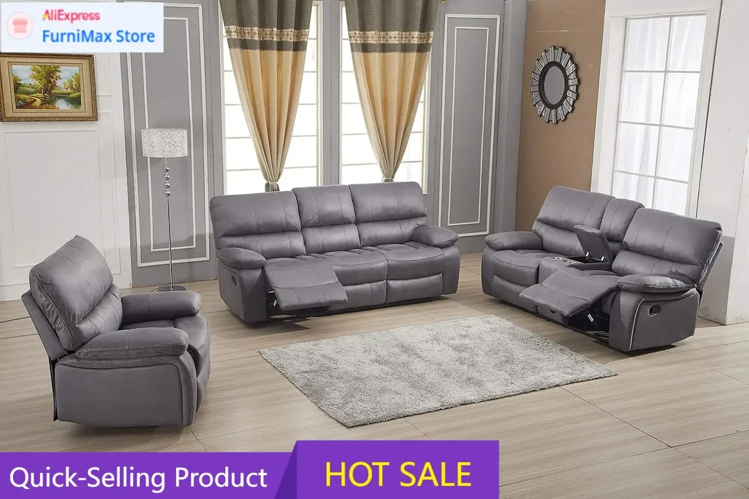 Microfiber Reclining Sofa Couch Set Living Room Set 8007 (Grey, Sofa+Loveseat+Recliner)