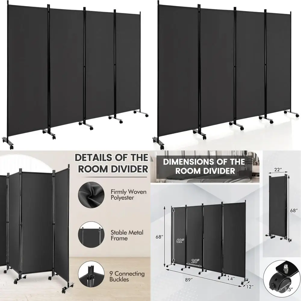 

Gray Folding Room Divider, 89W x 68H, Lockable Wheels for Home Office Privacy
