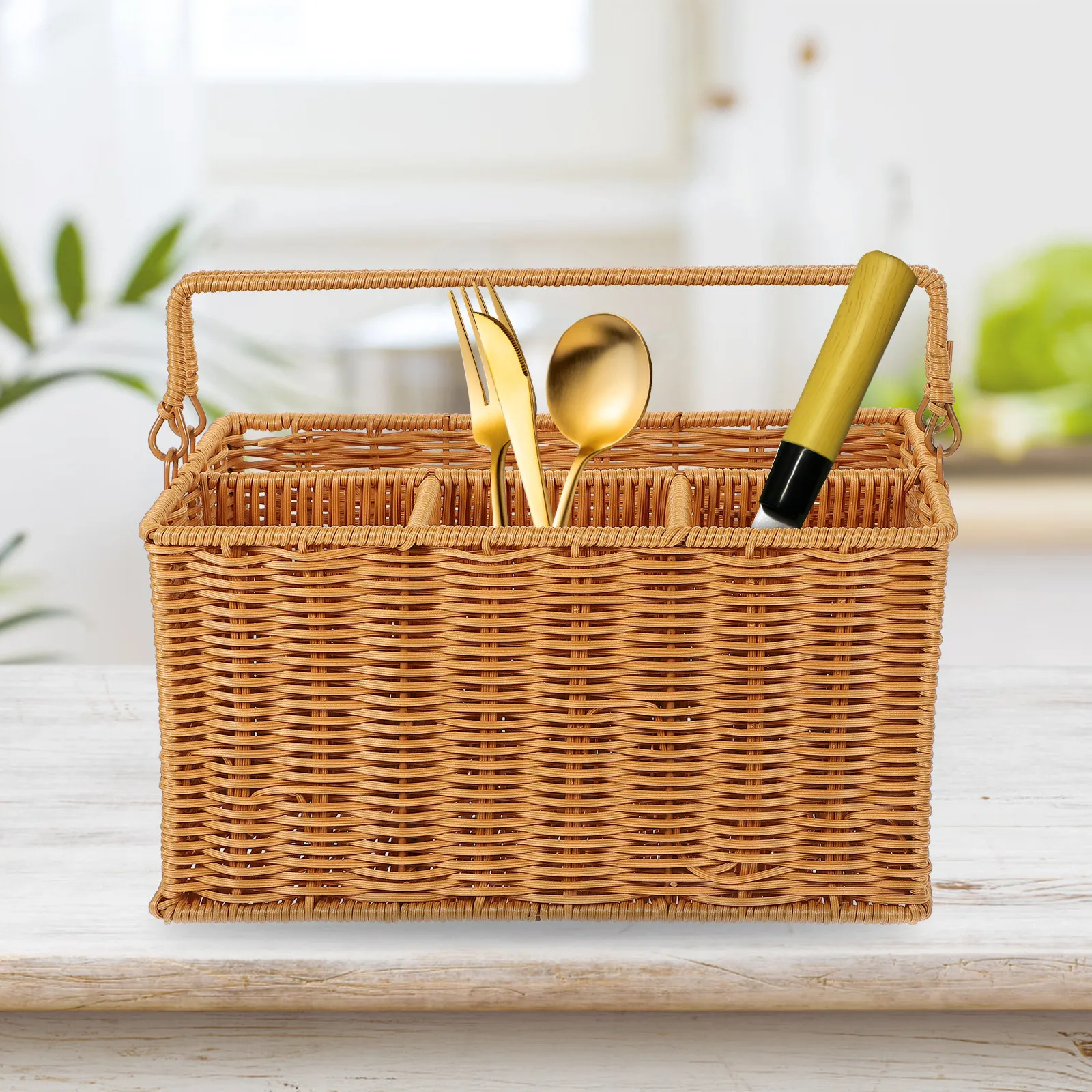 

Плетеная подставка для столовых приборов из имитации ротанга, органайзер для кухонных принадлежностей, корзина для сервировки, декоративная корзина в деревенском стиле