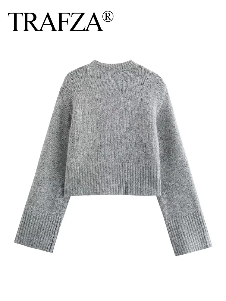 TRAFZA Woman Single Breasted O-Neck Warm Slim Sweater Top Autumn Fashion Women Grey Long Sleeves Knitted Short Cardigan Mujer