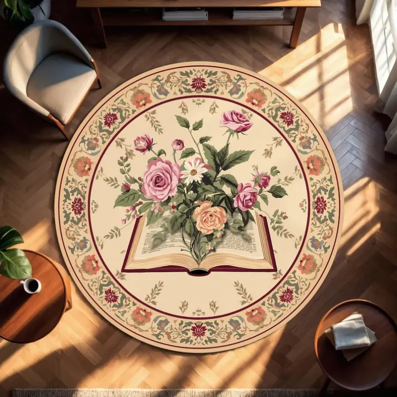 Vintage Zodiac Rose Celestial Round Rug Non-Slip Carpet Astrology Star Moon Pattern Boho Mat Bedroom Living Room Indoor Decor