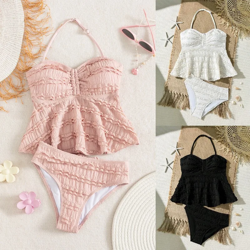 

High Waist Ribbed Children Girls 2PCS Swimsuit UNITIM Solid Lace 7-16Yrs Kids Girls Bikini Outfits Halter Junior Girls Swimmwear