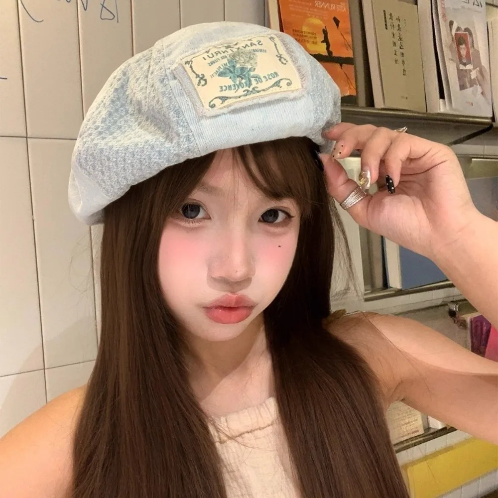 

Retro Korean Patch Splicing Beret Vintage Cloth Denim Berets Versatile Y2k Painter Cap Female