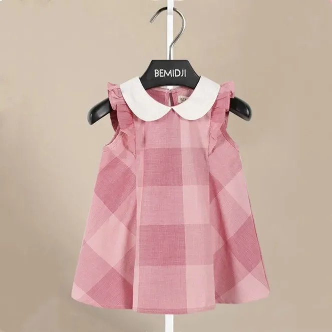 1-7 Years Baby Girls Flying Sleeve Plaid Print Dresses Clothes Kids Summer Princess Dress Children Party  Pageant Dress Outfit