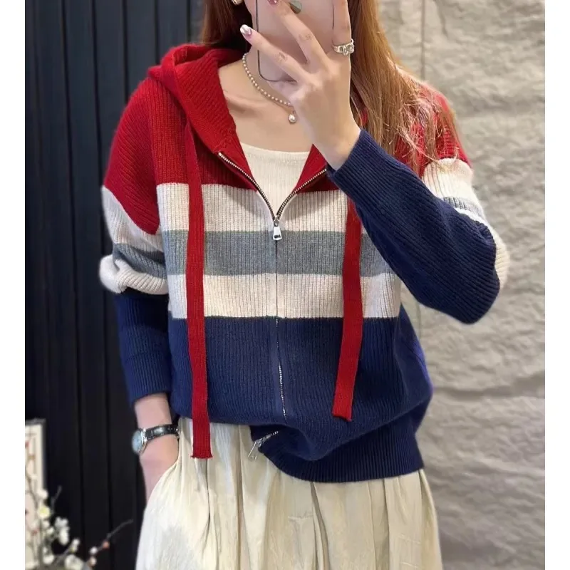 Western style striped double zipper hooded cashmere knit cardigan coat women spring and autumn loose wool hoodie