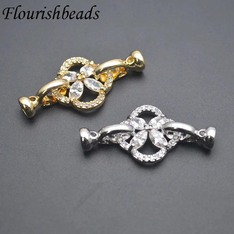 

Paved CZ Beads Gold Silver Color Flower Shape Two Loops Jewelry Findings Connector Clasp Hooks for DIY Pearl Necklace Parts