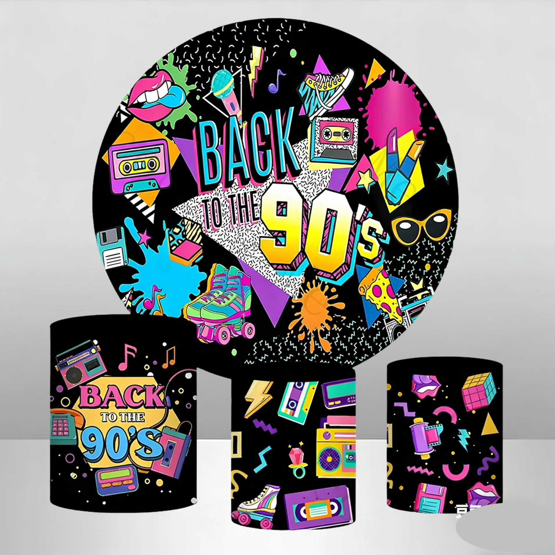 Terug naar de jaren 80 Retro Ronde Achtergrond Cilinder Cover Set Cassette Tape Neon Kleur Disco Party Verjaardag Decoratie Foto Achtergrond