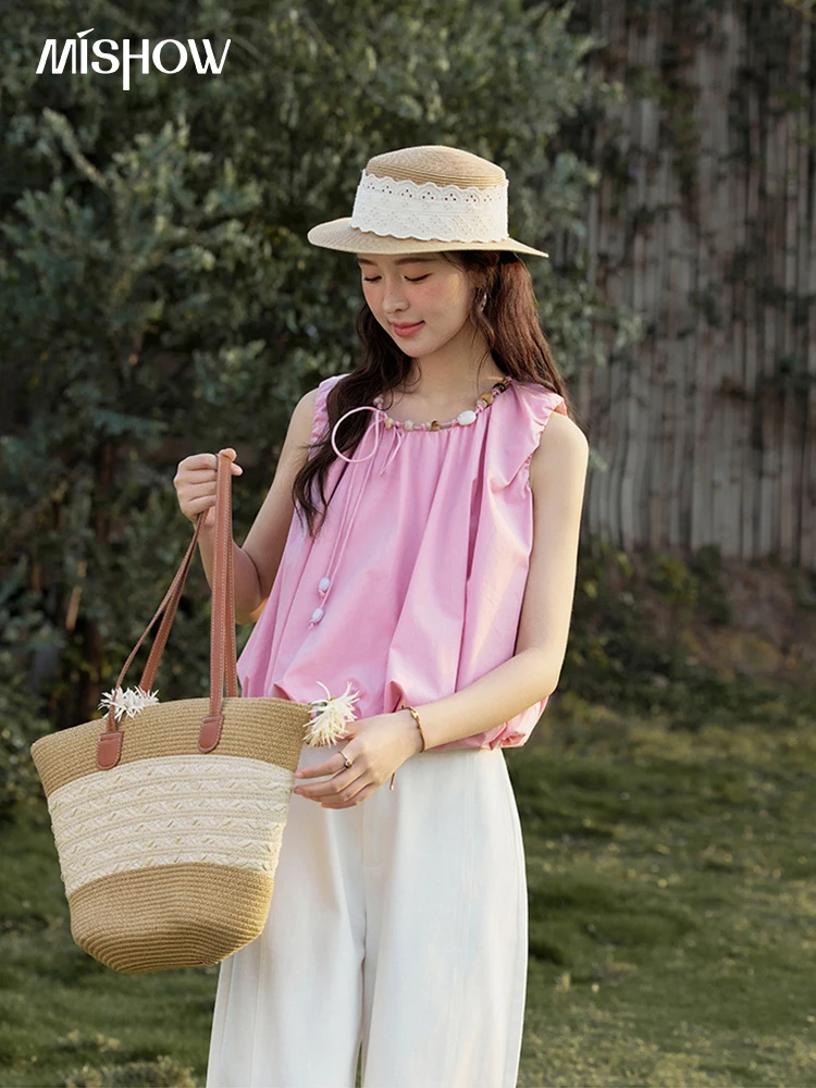 MISHOW French Rose Red Blouses Women Summer 2025 Sleeveless Round Neck Beaded Strap Design Short Tops Lady New Thin MXE32X1773