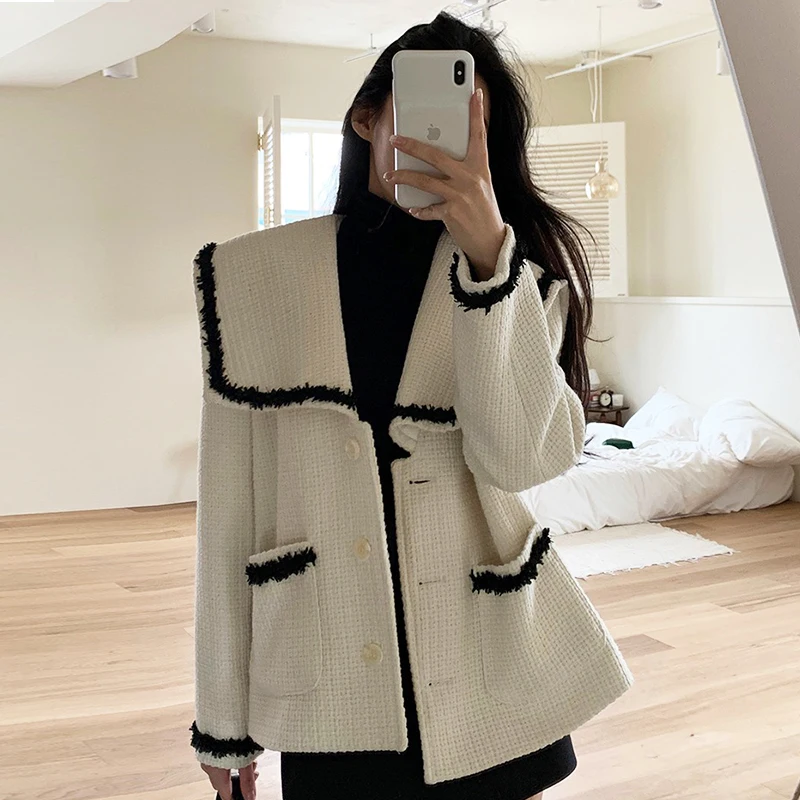 

Korean Style Contrast Tweed Short Coat Women Tassel Sailor Collar Single Breasted Outerwear Fashion Vintage Office Lady Jacket