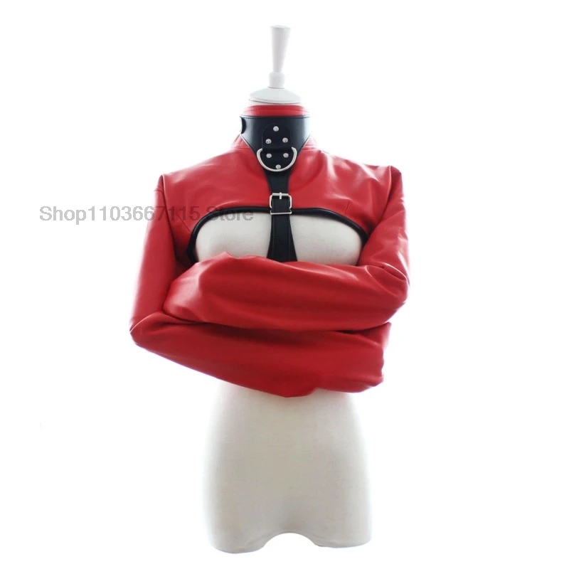 Vrouwen Zwart Rood Sexy Open Borst Cupless Lederen Bondage Strait Jacket Top Vrouwen Terughoudendheid Rechte Jas Halloween Kostuum