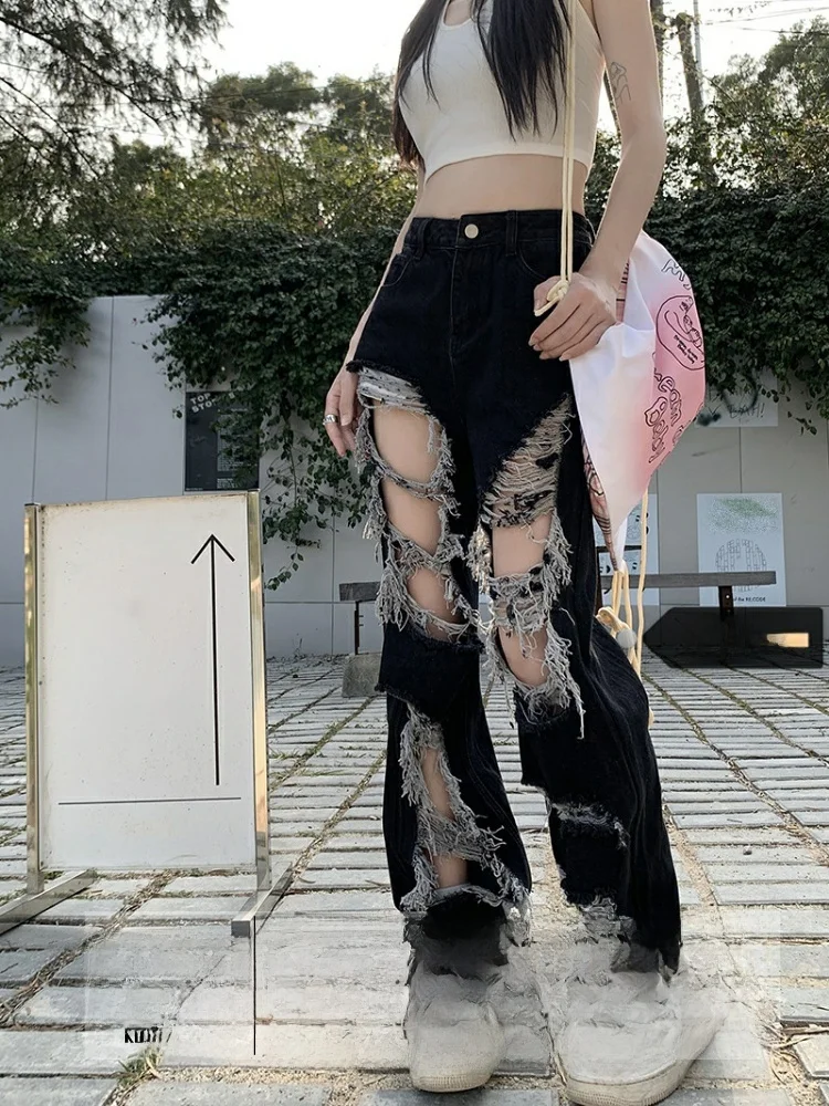 High Waist Straight Leg Jeans Women's Loose Wide Leg Pants Floor Length Torn Denim Pants Autumn Winter High Street Sle