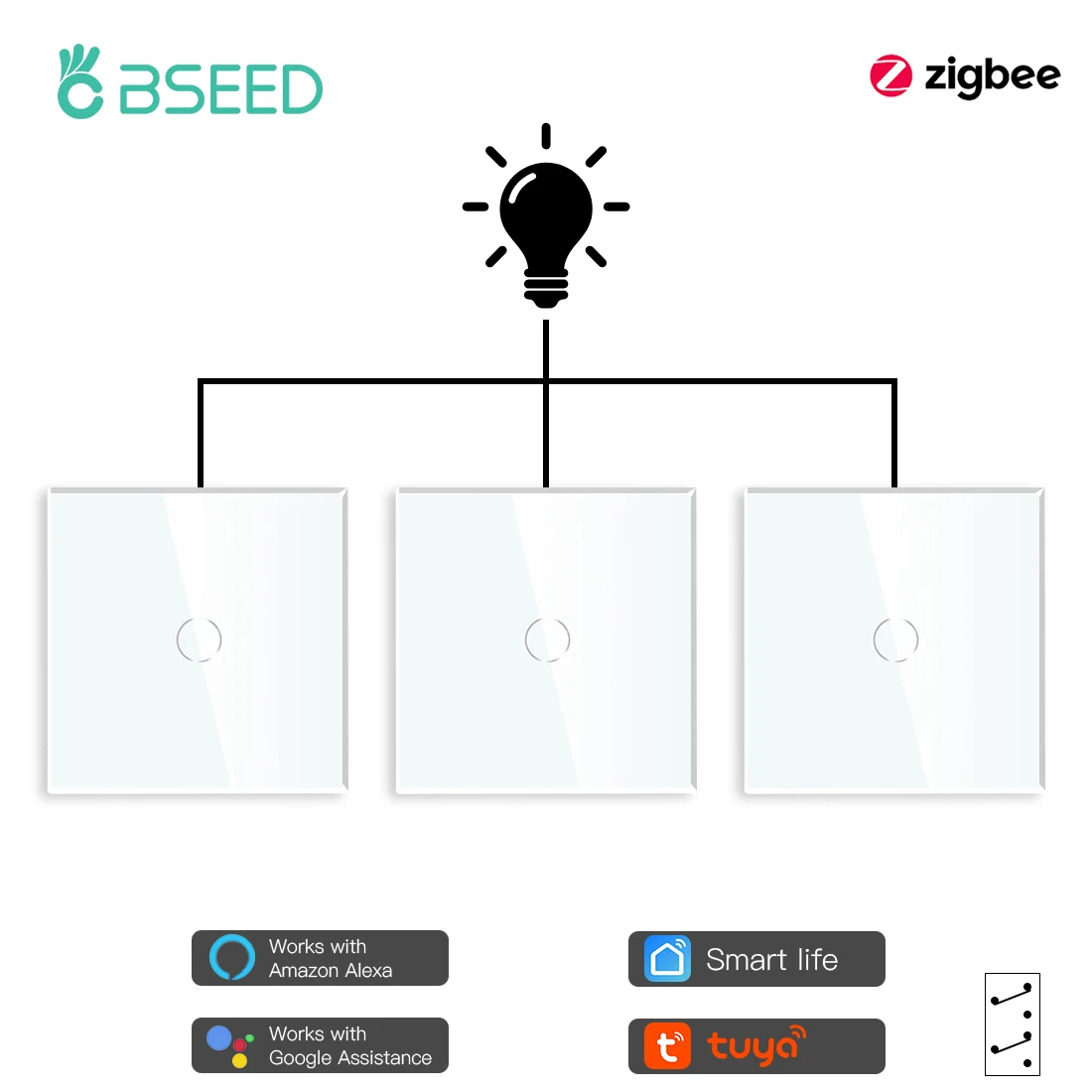 

BSEED 3 Packs Zigbee Touch Switches 1Gang 3Way Smart Light Switch For Stairs Google Tuya Smart Life Control with Neutral Wire