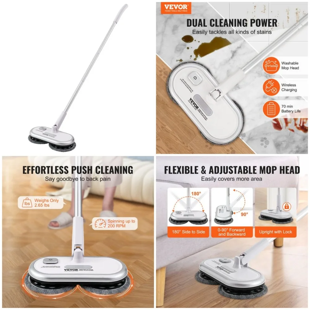 ممسحة دوارة كهربائية مع بطارية 70 دقيقة ورؤوس مزدوجة و4 وسادات من الألياف الدقيقة للخشب الصلب والبلاط وأرضيات الحمام