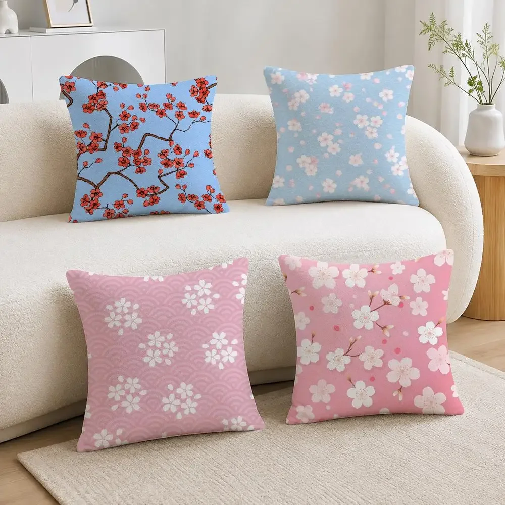 Japanese Botanical Repeat Sakura Cherry Blossom Seamless Soft Plushs Fluffy Throw Pillow Cases for Sofa Bedroom Home Decor