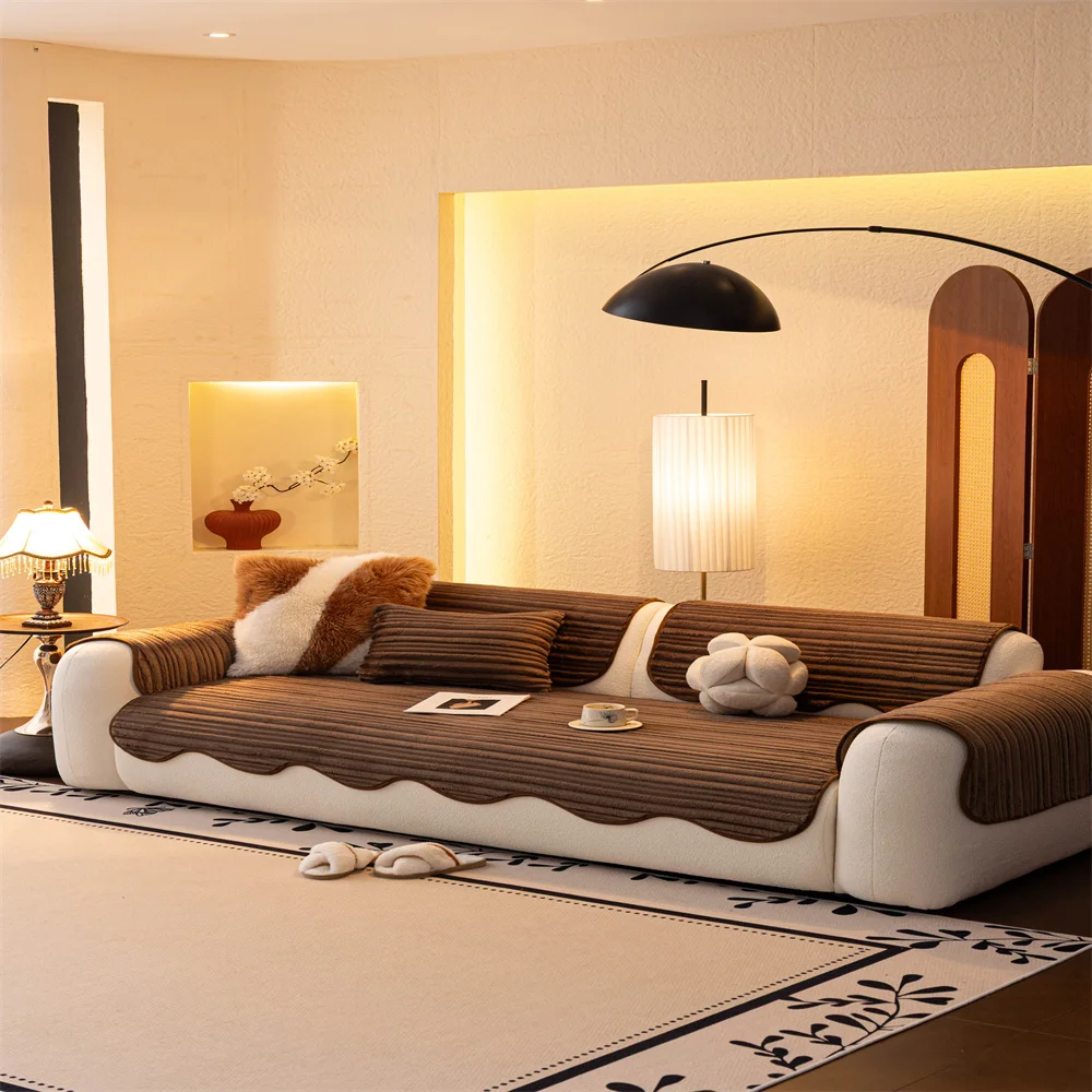 Cream Wind Thickened Flannel Sofa Cushion 2025 New Autumn and Winter Plush Fixed Non-slip Sofa Cover Cloth