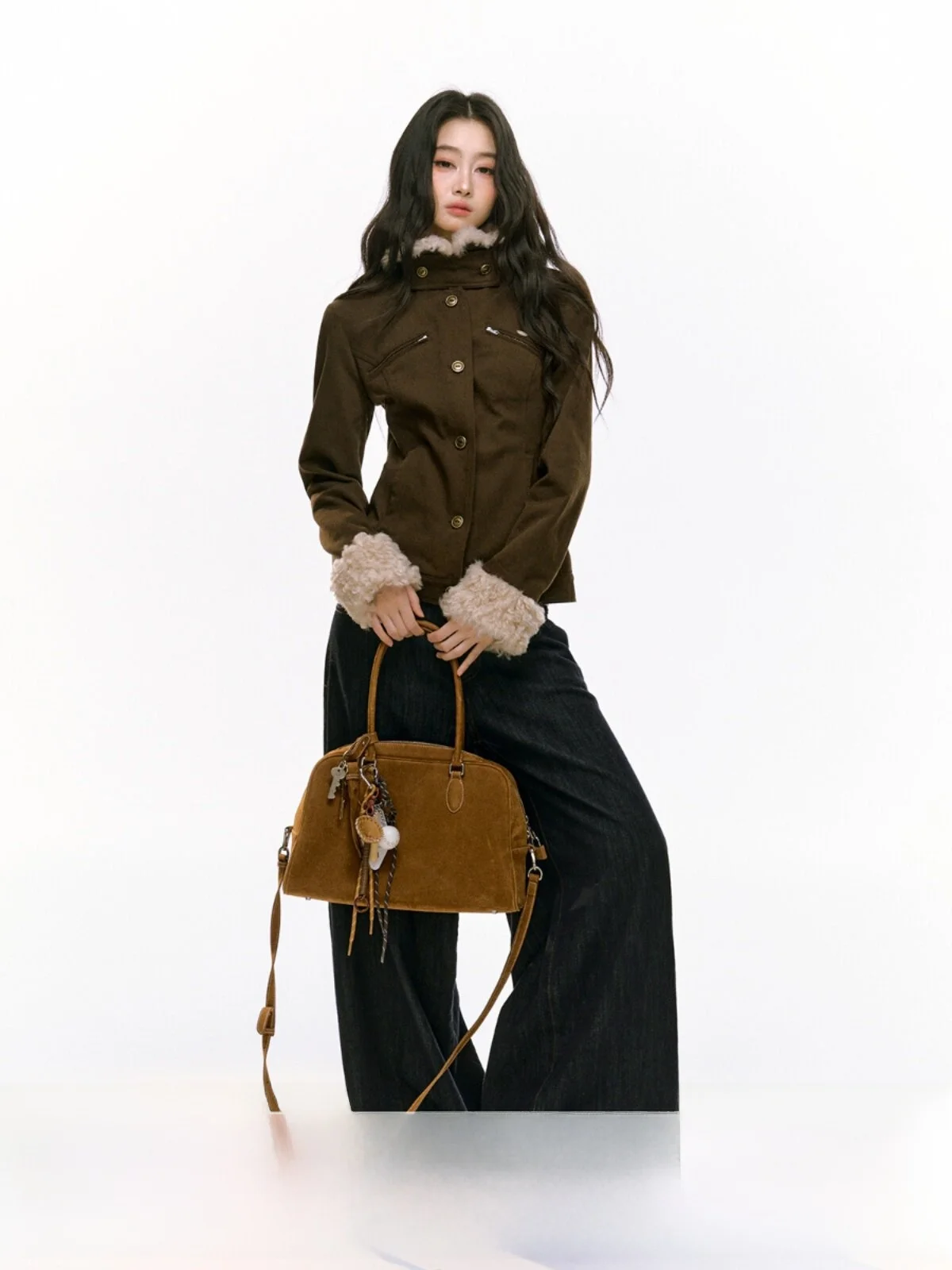 

RedBling Original Design Autumn Winter Thickened Brown Fur Collar Waist-Cinching Slimming Jacket Cotton Lined Ladies Coat