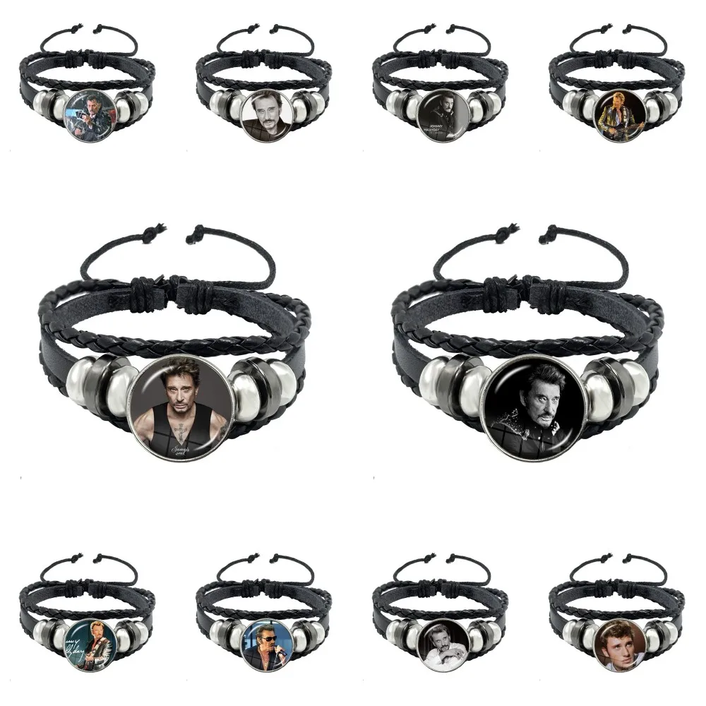 جوني هاليداي متعدد الطبقات سوار جلدي روك ستار ملصق فني زجاج أساور يدوية الصنع معصمه مجوهرات للرجال هدايا