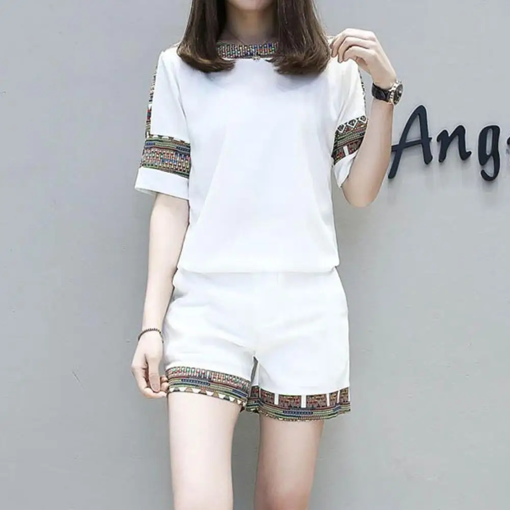 

M-4XL 2Pcs/Set Ladies Suit Trendy Stitch Breathable Comfortable Daily Wear Polyester Short Sleeve Shorts Suit Running Supply