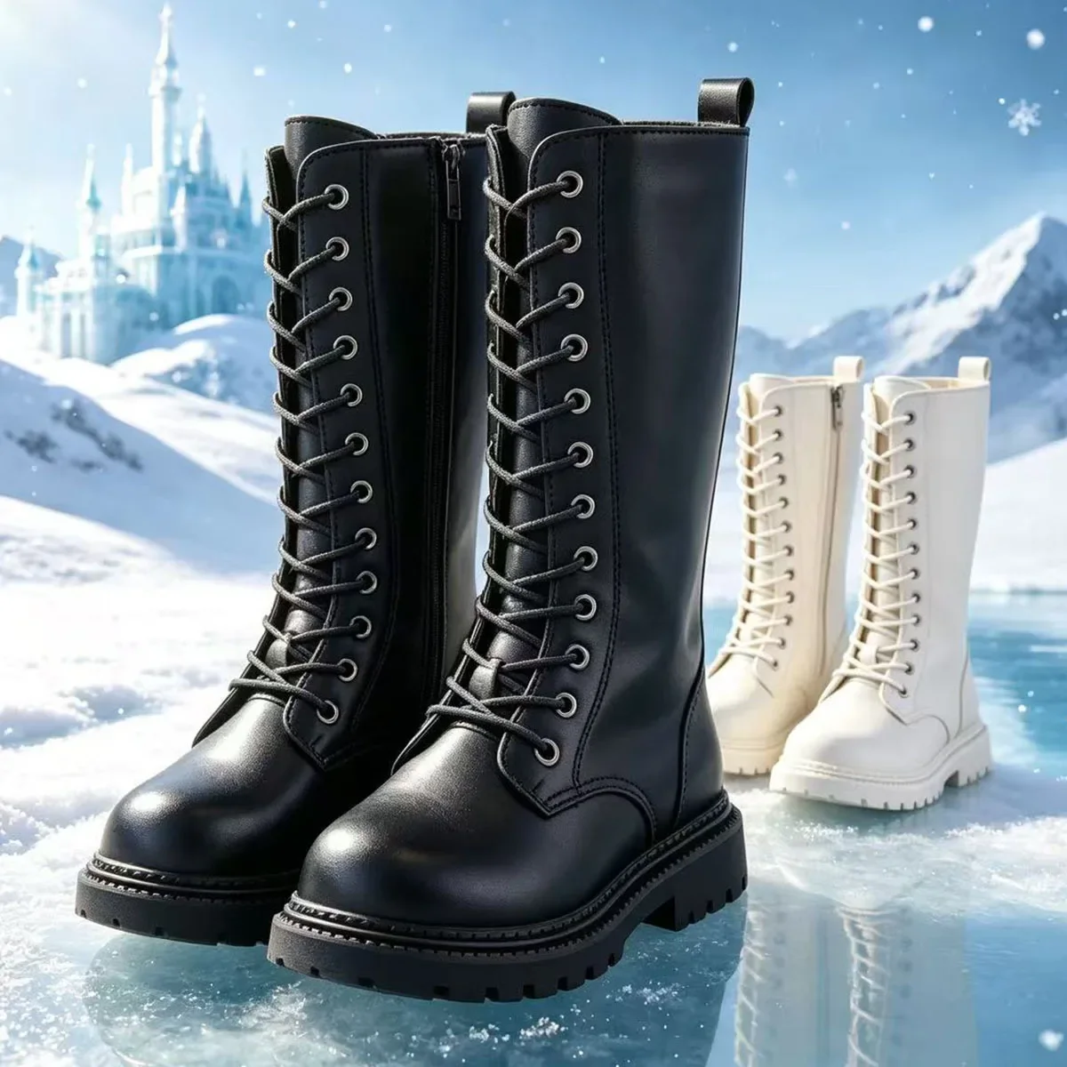 Girls High-top Boots Children Shoes Kids Boots PU Leather Tall Boots Black White for All Seasons with Side Zipper Laces Princess