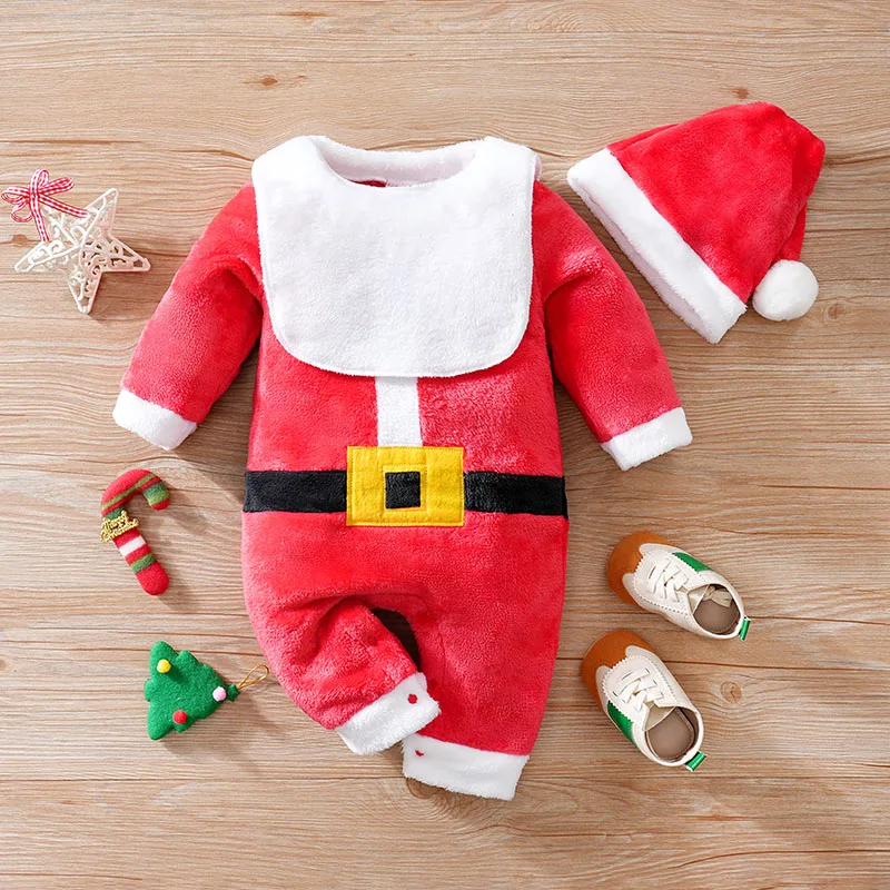 Christmas Newborn Clothes Cute Santa Claus Plush Comfortable Soft 0-18 Boys And GirlsAutumn AndWinter Long Sleeved Baby Jumpsuit