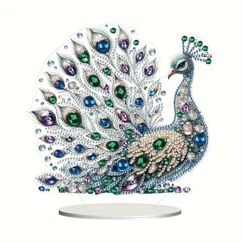 1 Stück DIY Pfau-Diamantkunst-Tischdekoration für Erwachsene, einseitige Acryl-Kristall-Strass-Tischdekoration für Zuhause und Büro