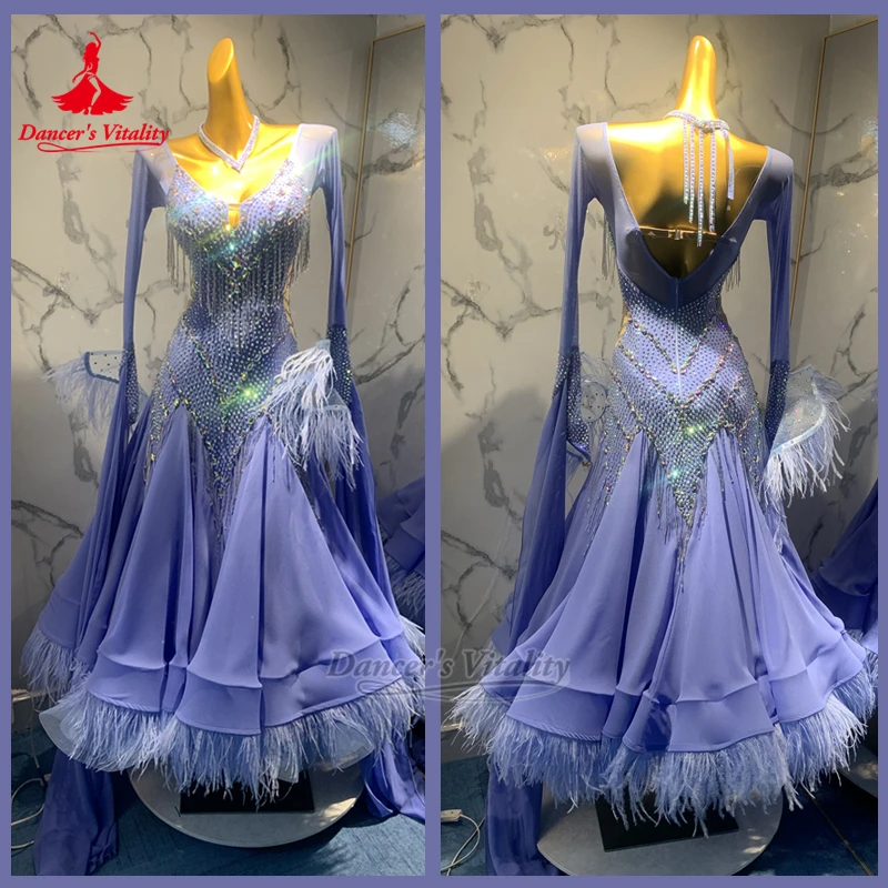 Adult Female Ballroom Dance Lavender Purple Wrapped Hips Dress Custom Feather Lower Hem Waltz Contest Clothing Dancer's Vitality
